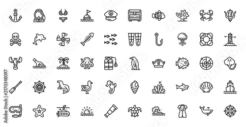 Sea Life Icon Set Vector Line Illustration Collection