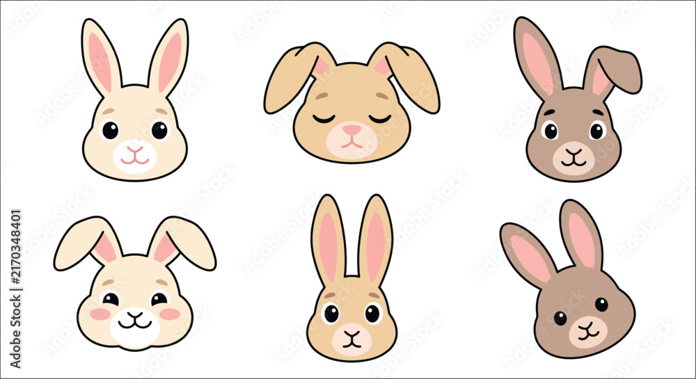 Obraz premium Six rabbit head illustrations showcase varying shades and styles on a white background bunny hare