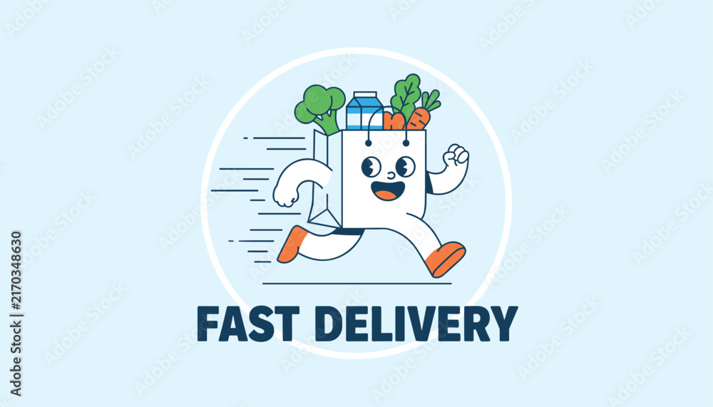 Fototapeta premium Fast delivery service mascot featuring a funny grocery bag running with fresh food, vegetables, and milk cartoon.