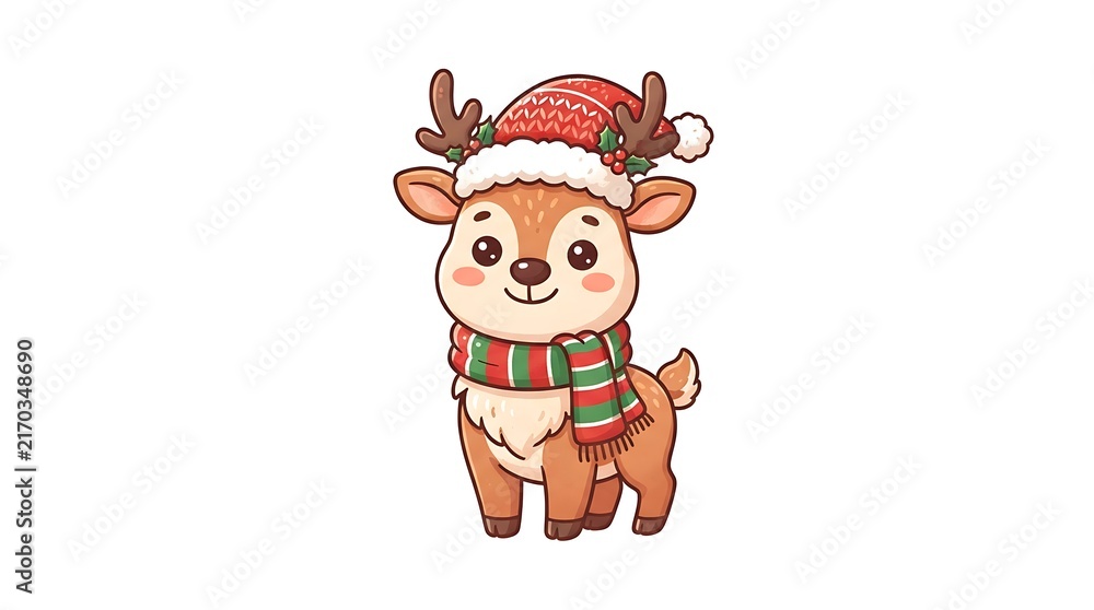 Fototapeta premium Cute Cartoon Reindeer Wearing a Festive Winter Hat and Scarf for Christmas Holiday Celebration Design