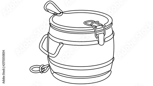 Illustration of a wooden barrel with metal clamps white background.