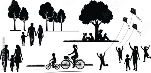 Black and white park silhouettes featuring families walking, children playing, and flying kites vector set