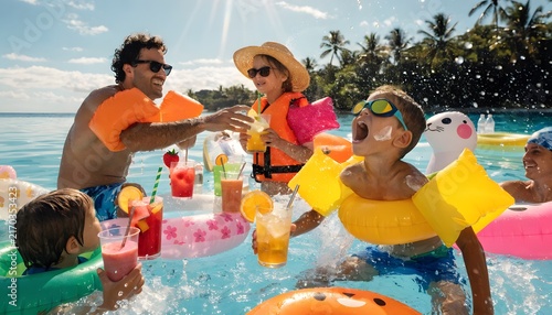 Family with children enjoying tropical pool party with summer drinks