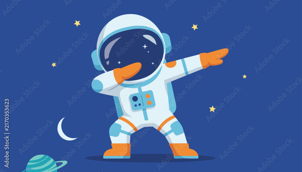 Naklejka premium Playful cartoon illustration of an astronaut in a spacesuit performing a popular dabbing dance pose in a starry outer space.