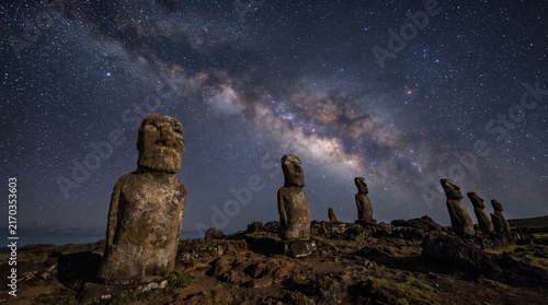 Moai statues on Easter Island under the Milky Way night sky