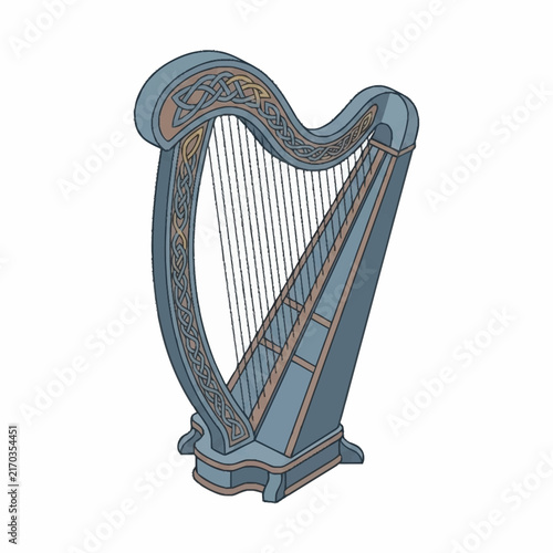 Obraz na plátne Illustration of a blue Celtic harp with intricate details.