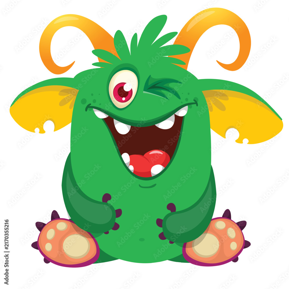 Fototapeta premium Funny Halloween monster character with horns waving hands isolate