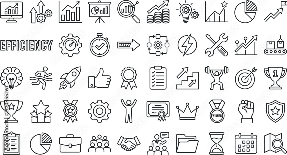 Fototapeta premium Business Efficiency and Performance Line Icon Set with Growth Success Symbols for Corporate Management Apps, Data Analytics Websites, and Productivity Vector Designs