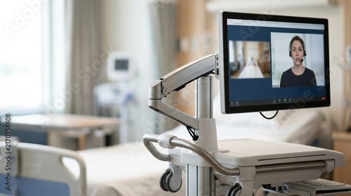 Video Interpretation Session Being Conducted through a Wheeled Cart-Mounted Screen at a Hospital Bedside