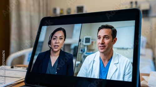 Video Interpretation Screen Displaying a Split View of an Interpreter and a Physician during a Consultation