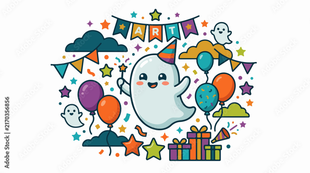 Fototapeta premium Cute Ghost Celebrating Art with Balloons and Gifts