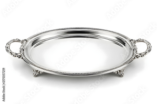 Polished Silver Serving Tray Isolated on White Background Kitchenware and Catering Equipment Concept