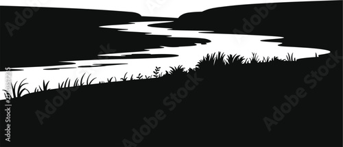 Canvastavla Minimalist black and white river landscape silhouette with flowing water, grassy