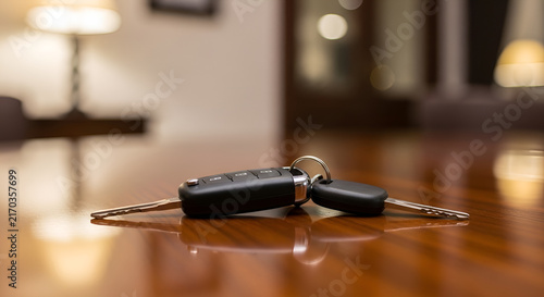 Close up of a modern car remote key fob resting on a polished wooden table surface in a cozy indoor setting
