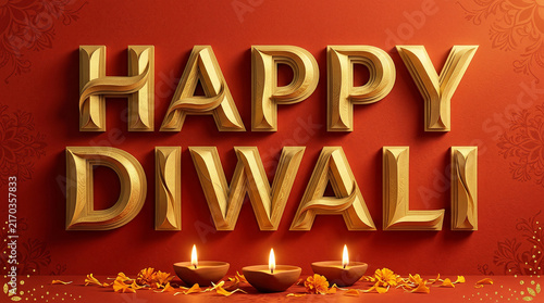 Festive Diwali Greeting with Golden Text and Diyas for Celebration