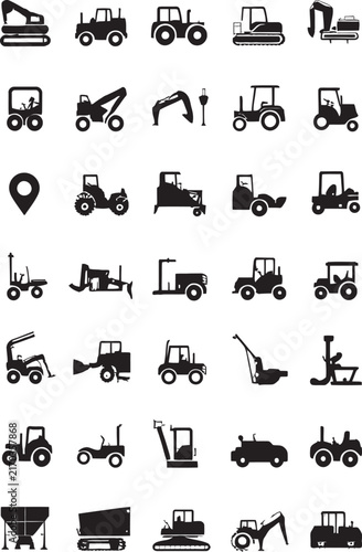 Construction Vehicle Icons Set Featuring Various Heavy Machinery for Site Work