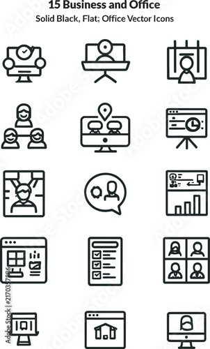 Business and Office Line Icons Set for Workplace Management and Corporate Communication