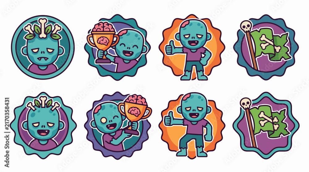 Fototapeta premium Cartoon Zombie Characters with Trophies and Flags