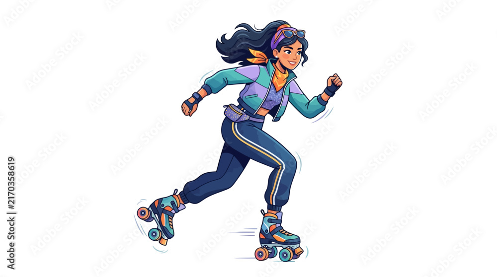 Fototapeta premium A stylish cartoon character roller skating dynamically, wearing modern casual sportswear, sleek roller skates, and a confident energetic expression. Clean contemporary vector illustration, smooth geom