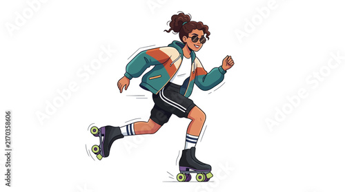Foto A stylish cartoon character roller skating dynamically, wearing modern casual sportswear, sleek roller skates, and a confident energetic expression