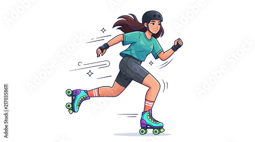 Fotografía A stylish cartoon character roller skating dynamically, wearing modern casual sportswear, sleek roller skates, and a confident energetic expression