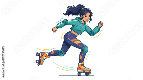 Fotografía A stylish cartoon character roller skating dynamically, wearing modern casual sportswear, sleek roller skates, and a confident energetic expression