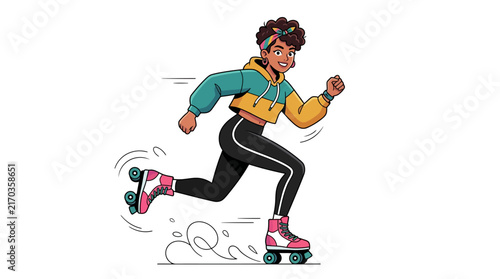 Obraz na płótnie A stylish cartoon character roller skating dynamically, wearing modern casual sportswear, sleek roller skates, and a confident energetic expression