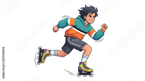 Obraz na płótnie A stylish cartoon character roller skating dynamically, wearing modern casual sportswear, sleek roller skates, and a confident energetic expression
