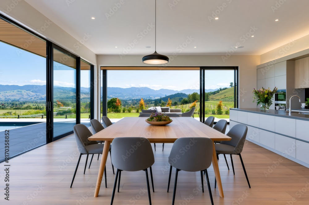 Fototapeta premium Modern luxury house interior with stunning mountain view