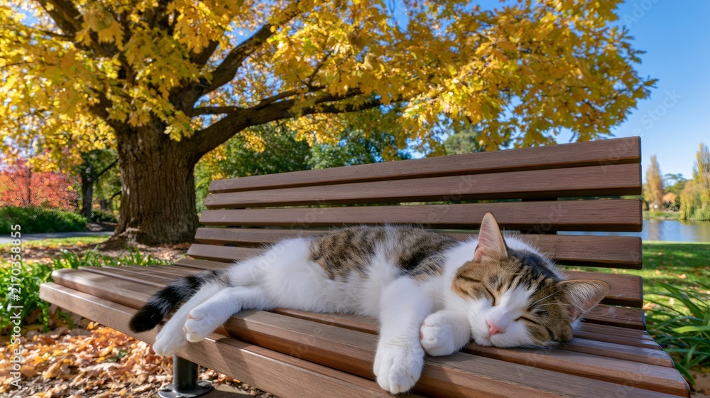 Fototapeta premium Cat sleeping peacefully on park bench in autumn