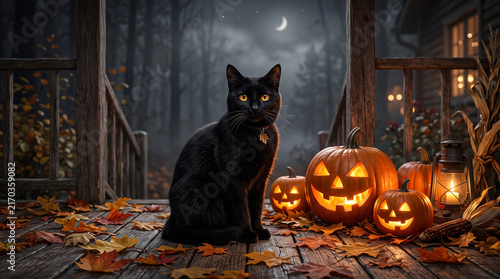 Black cat sitting on a porch with glowing jack-o-lanterns for a spooky Halloween night