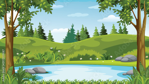 Lush forest landscape with a tranquil pond and green rolling hills