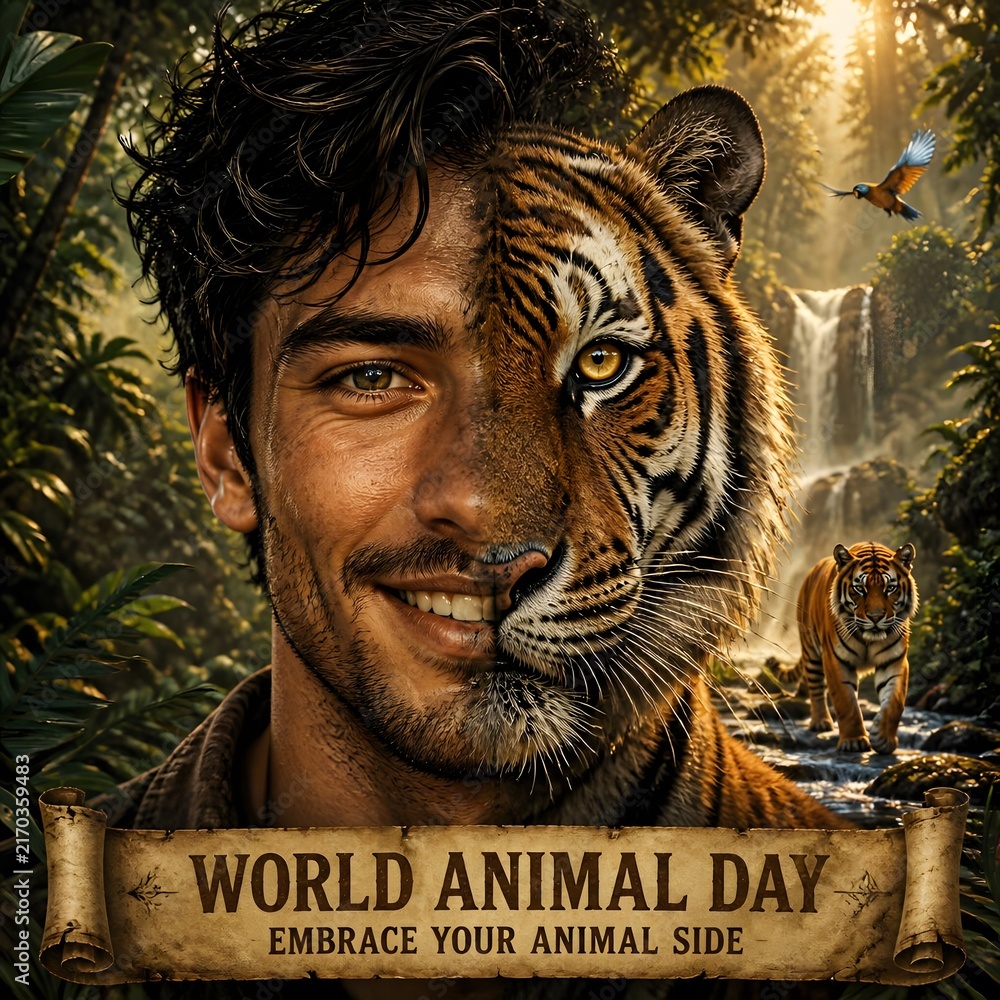 Naklejka premium Man face merges with tiger in jungle, animal day celebration poster.