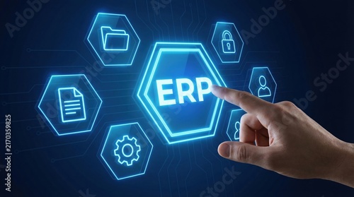 Erp software system for enterprise resource planning workflow with digital icons and hand pointing on virtual screen