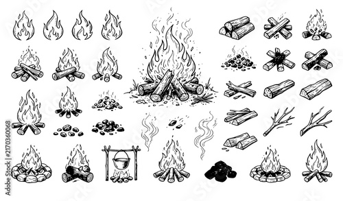 Campfire bonfire flames logs and sparks black line sketch vector collection