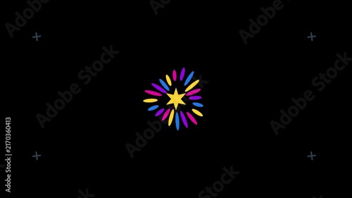 Colorful starburst explosion animation on black background, dynamic motion graphic, abstract festive celebration visual effect, digital art.