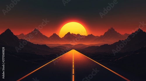 A winding orange road under a dark sky with distant mountains and a glowing sunset in the background, showcasing minimalism and high contrast
