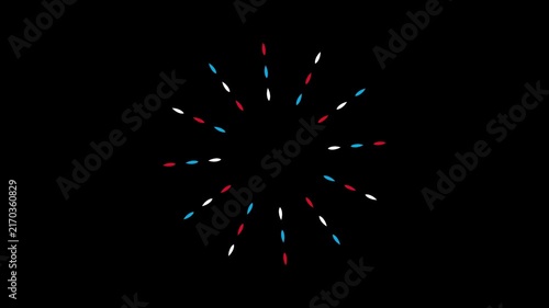 Abstract circular motion graphic featuring pulsing dots in white red and blue colors arranged in radial pattern on black background for digital broadcast design.