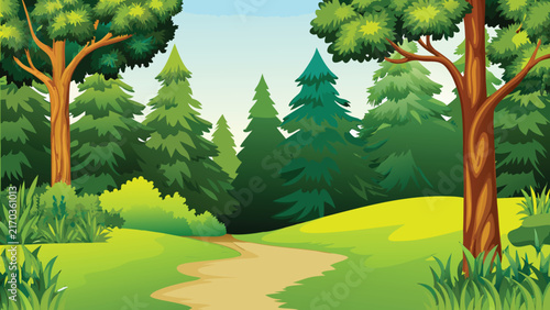 Lush forest scene with winding path and dense evergreen trees