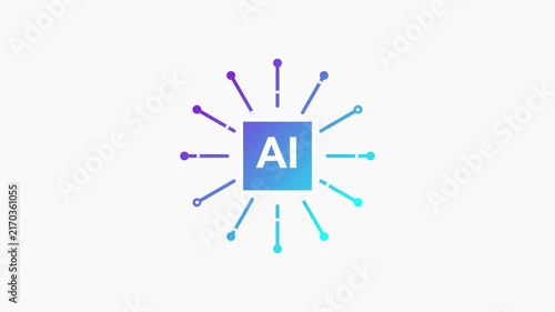 Artificial intelligence chip icon glowing with radiant digital connections moving outwards isolated on white background high resolution graphic motion animation clip.