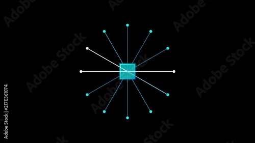 Abstract digital hub node spinning radial light points around center square in circular motion sequence representing data connectivity network in technology animation.