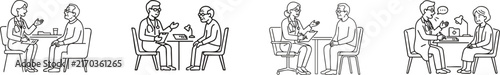 Minimalist line art icon depicting a doctor talking to an elderly patient during a medical consultation. Ideal for healthcare, clinic, and medical advice web design, vector isolated on white