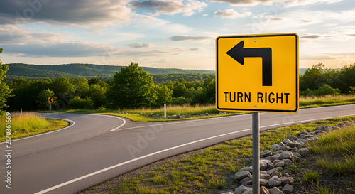 Confusing yellow road sign with turn right text and left arrow on a scenic mountain highway at sunset