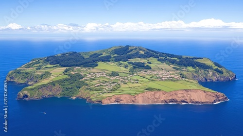 Aerial view of green island landscape.