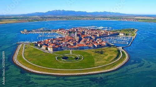 Aerial view of historic fortified island town.
