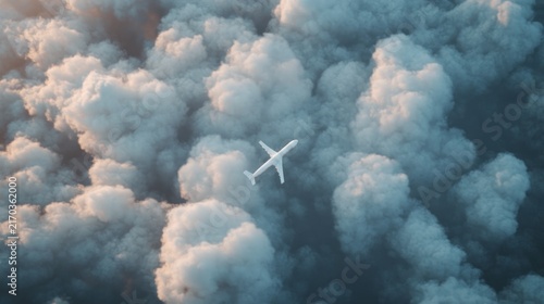 Airplane flying through white clouds.