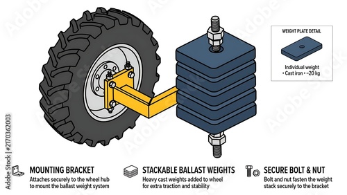 Industrial mounting bracket and weights white background.