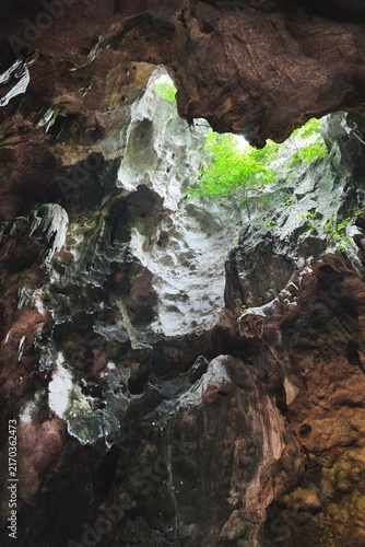 Low angle view of a dark cave exit with sunlight streaming into the cave shaft.