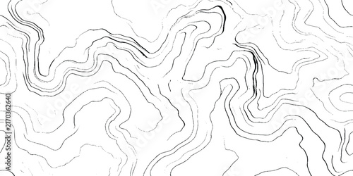 Black and white grunge topographic map style pattern with wavy, irregular contour lines