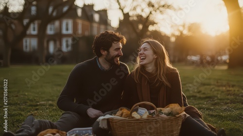 Happy young couple enjoying picnic in park during sunset in natural outdoor setting